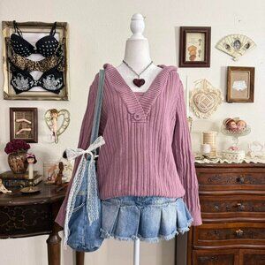 Y2k girly grunge twee mauve purple cozy ribbed hooded knit sweater
